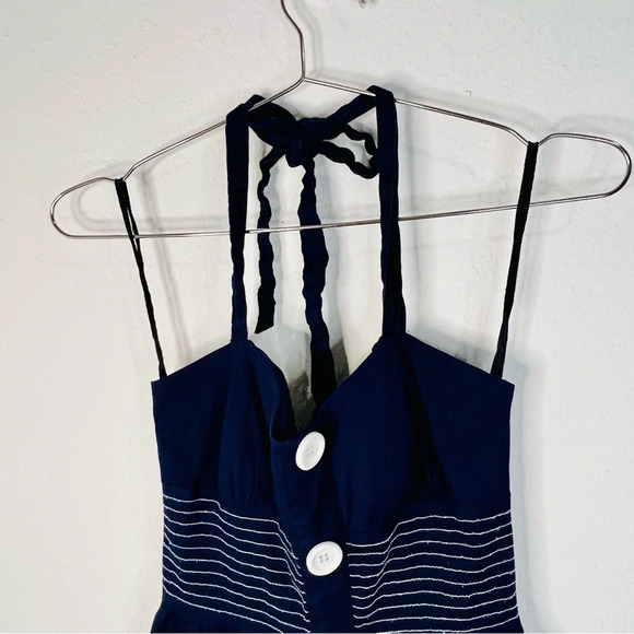 Ruby Rox Navy Blue Halter Top Dress with White Button Front Vintage Vibe Size 3 - Picture 4 of 12